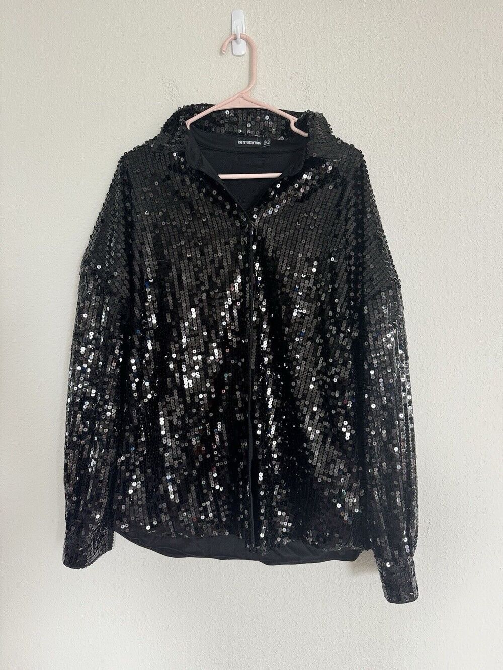 Pretty Little Thing Black Sequin Blazer Button Down Top Size 8 Disco Party Girly